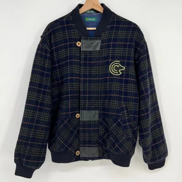 Vintage Collie Italian Lambs Wool Varsity Bomber Jacket Mens XL Navy Blue Plaid - Picture 1 of 11